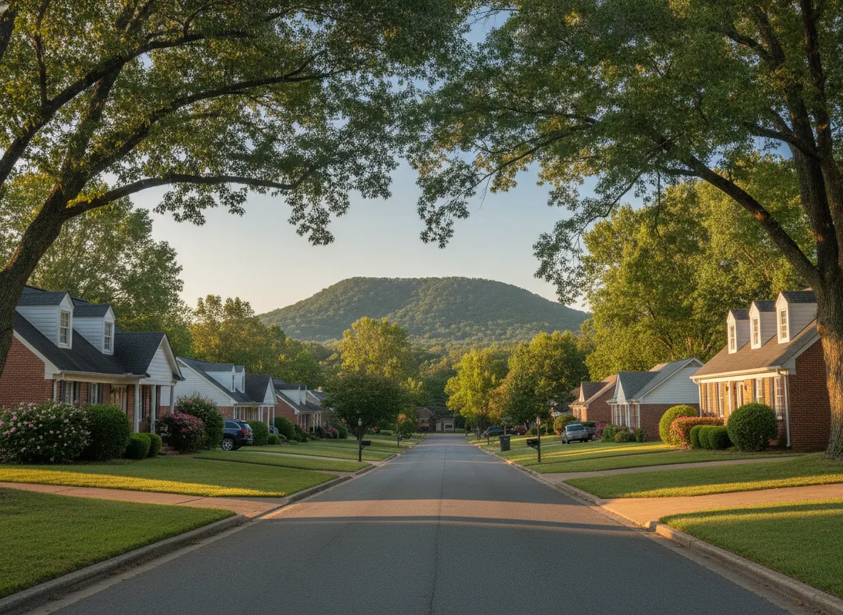 Street of brick homes under mature oaks with a mountain ridge behind, Huntsville