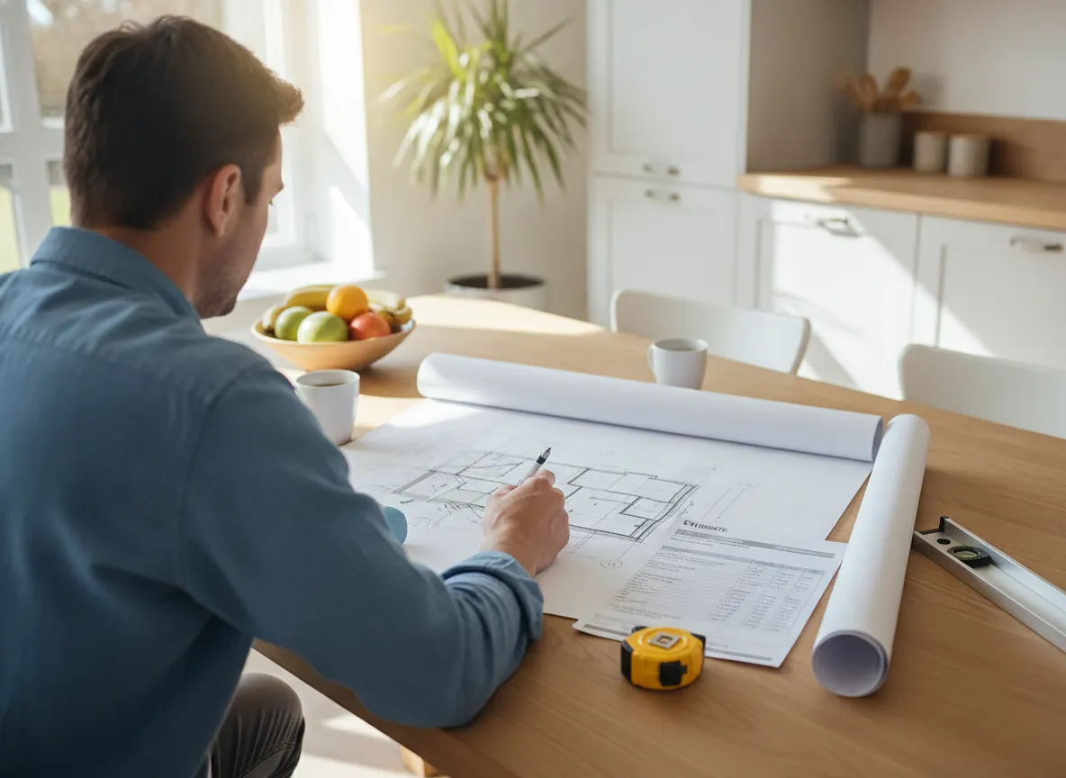 Homeowner and contractor reviewing a foundation repair drawing and written estimate
