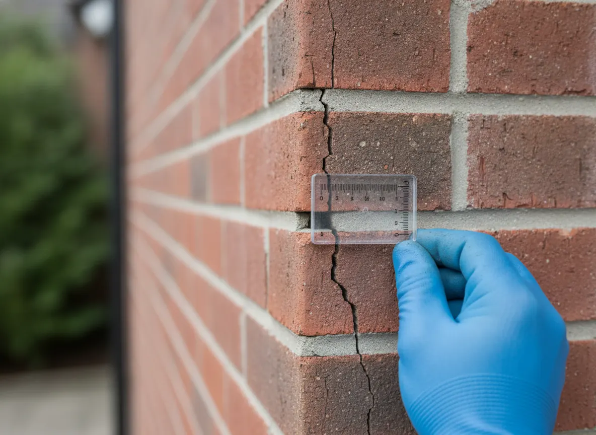 Stair-step crack in brick veneer measured with a crack gauge