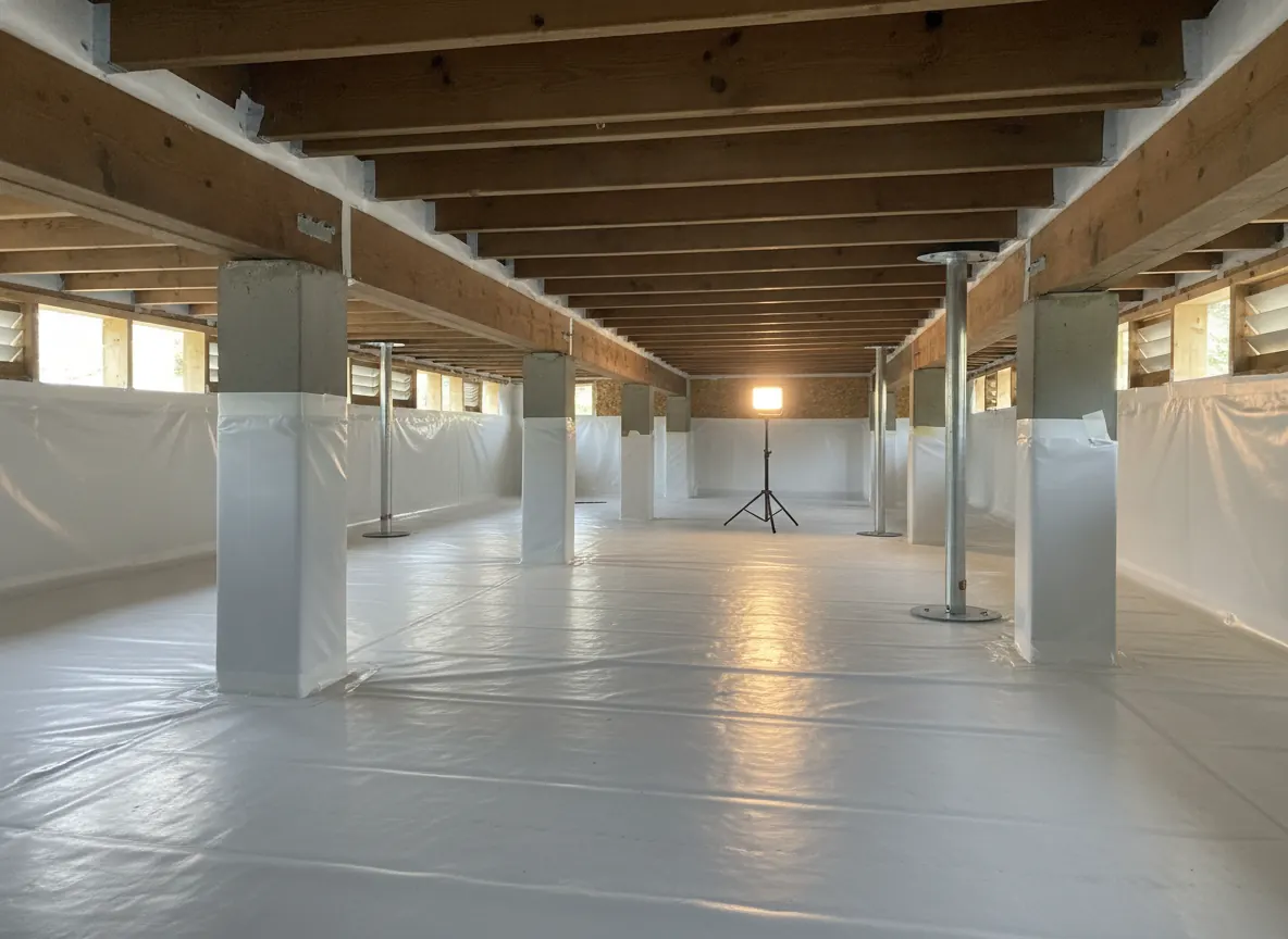 Encapsulated crawl space with white vapor barrier and steel jack posts under beams