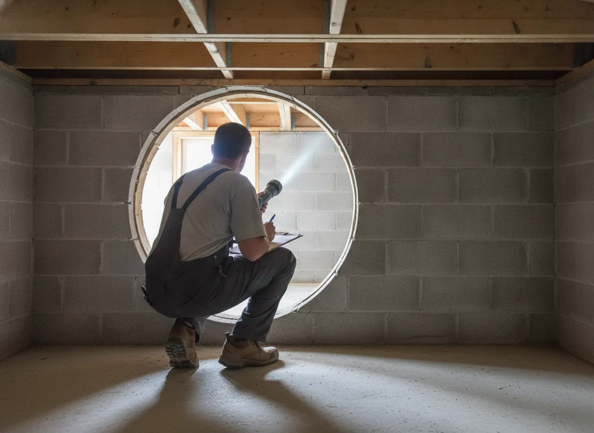 Inspector with a flashlight at a crawl space entrance looking at a block foundation wall