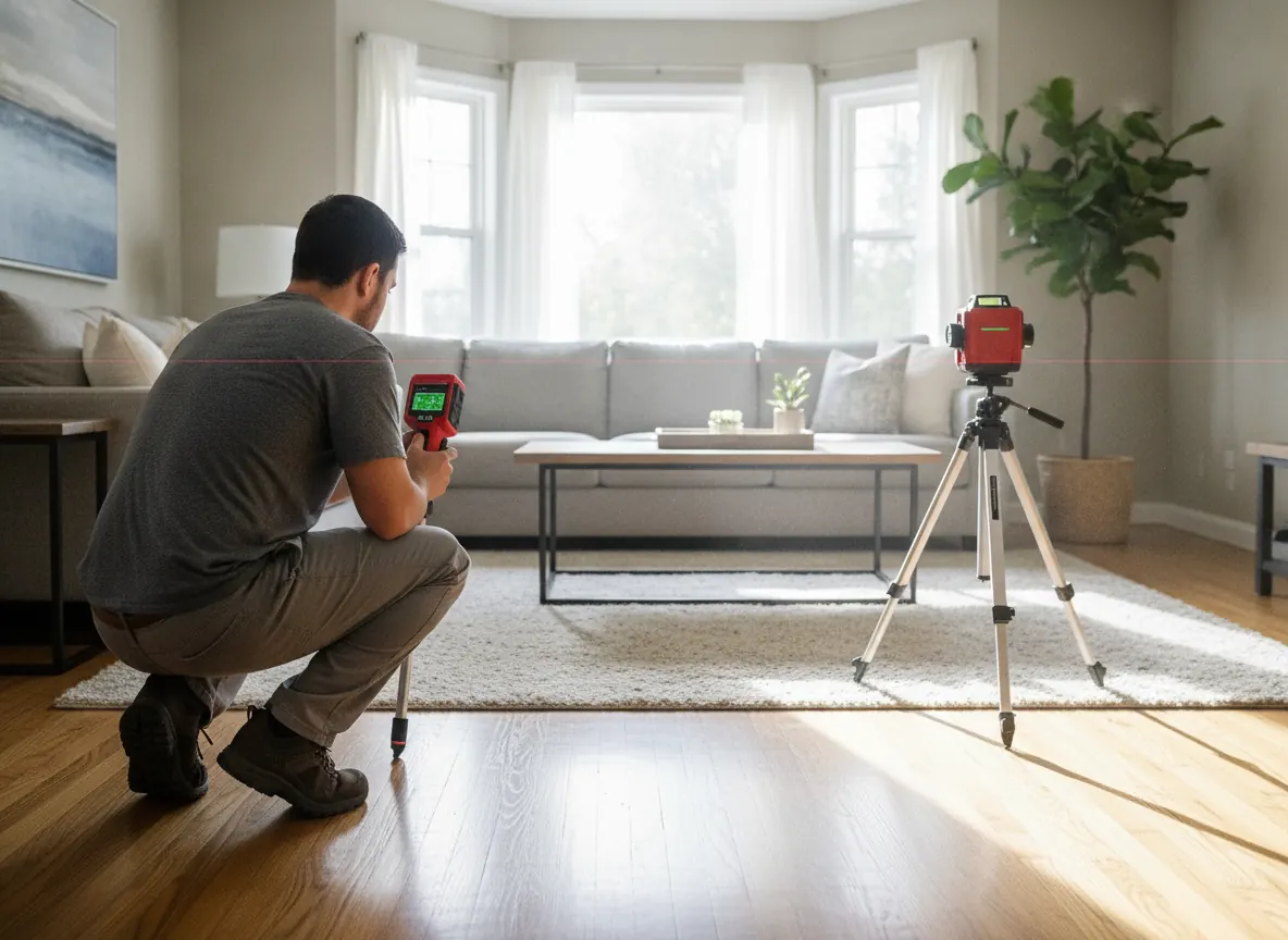Technician using a laser level to check floor elevation in a living room