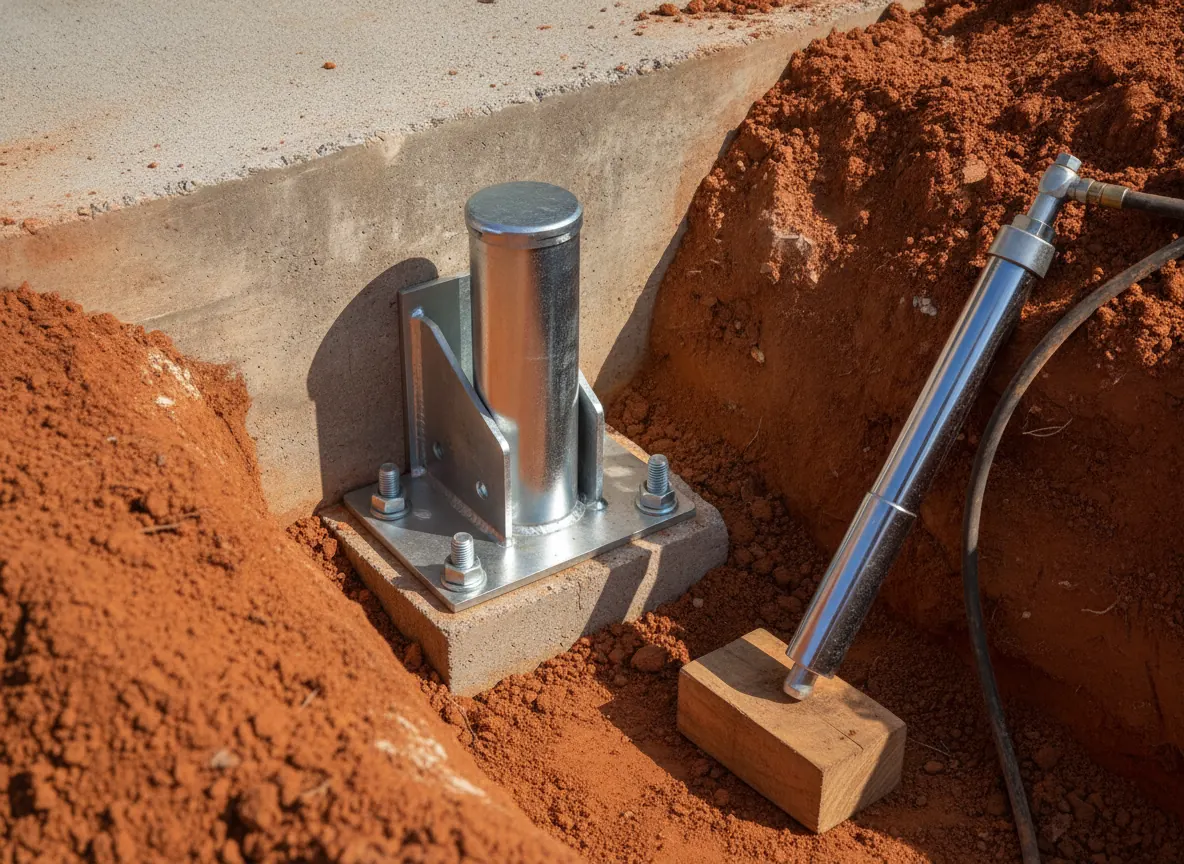 Steel pier bracket attached to a concrete footing in an excavation beside a slab
