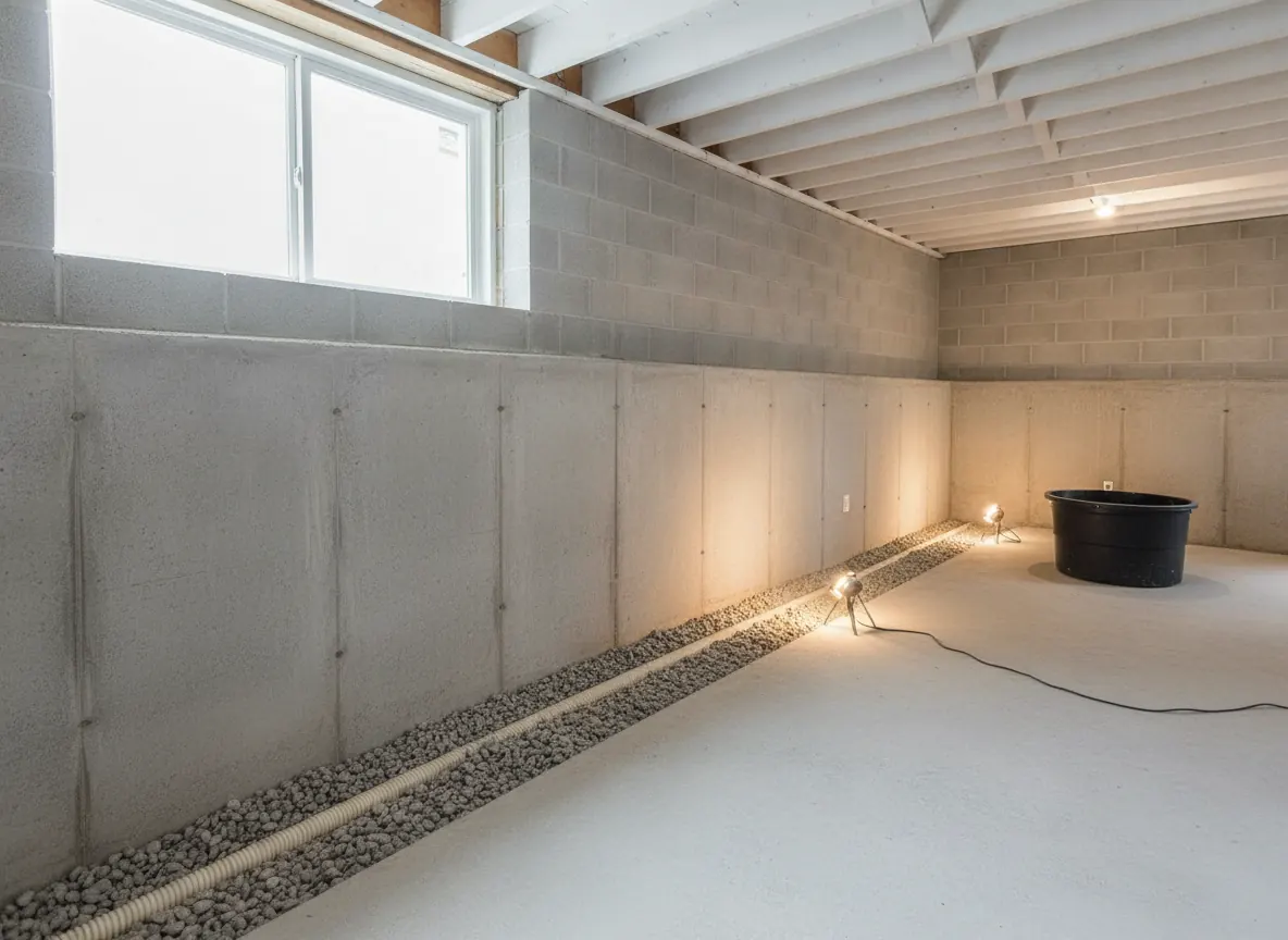 Interior perimeter drain and sump basin being installed along a basement wall
